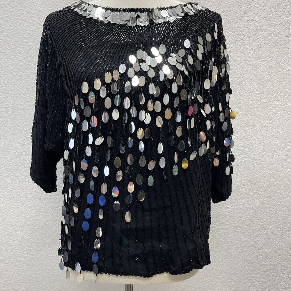 Oleg Cassini Vintage Womens Medium M Silk Beaded Sequin Top Black Tie Formal